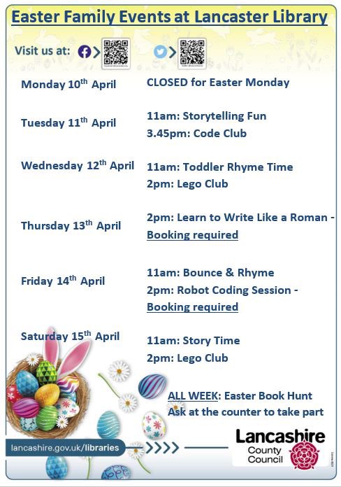 HeyshamFriends's tweet image. Check out these events and activities happening at #LancasterLibrary this April! The Learn to Write Like a Roman event on the 13th looks great for young people of all ages - you get to make your own quill and ink!
