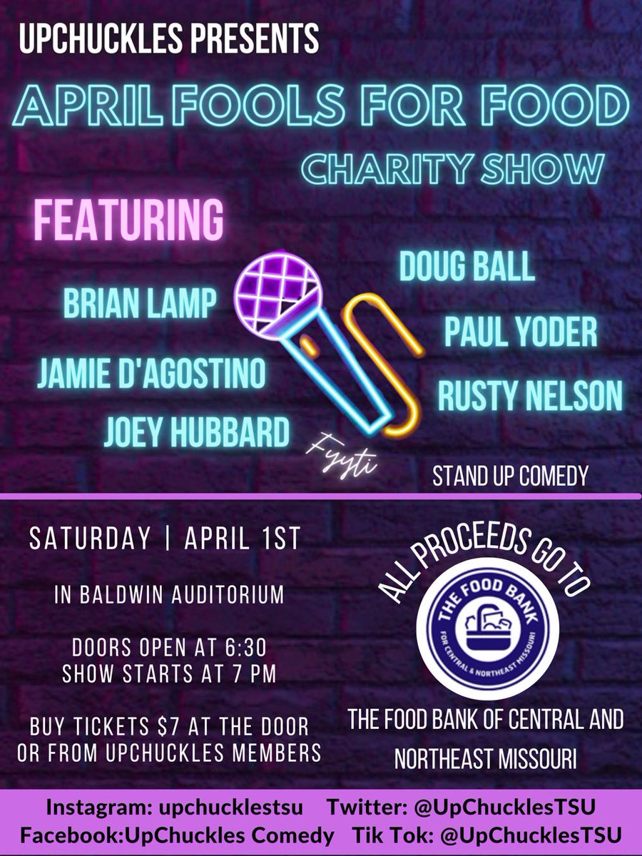 UpChucklesTSU's tweet photo. TONIGHT!

For $7 you can feed hungry children in Adair County and see the greatest comedy show that to ever happen.*

Join us tonight in Baldwin Auditorium. Doors open at 6:30p.
.
.
.
.
.
*There may be some hyperbole in this statement. https://t.co/Sbxq1JqrrX