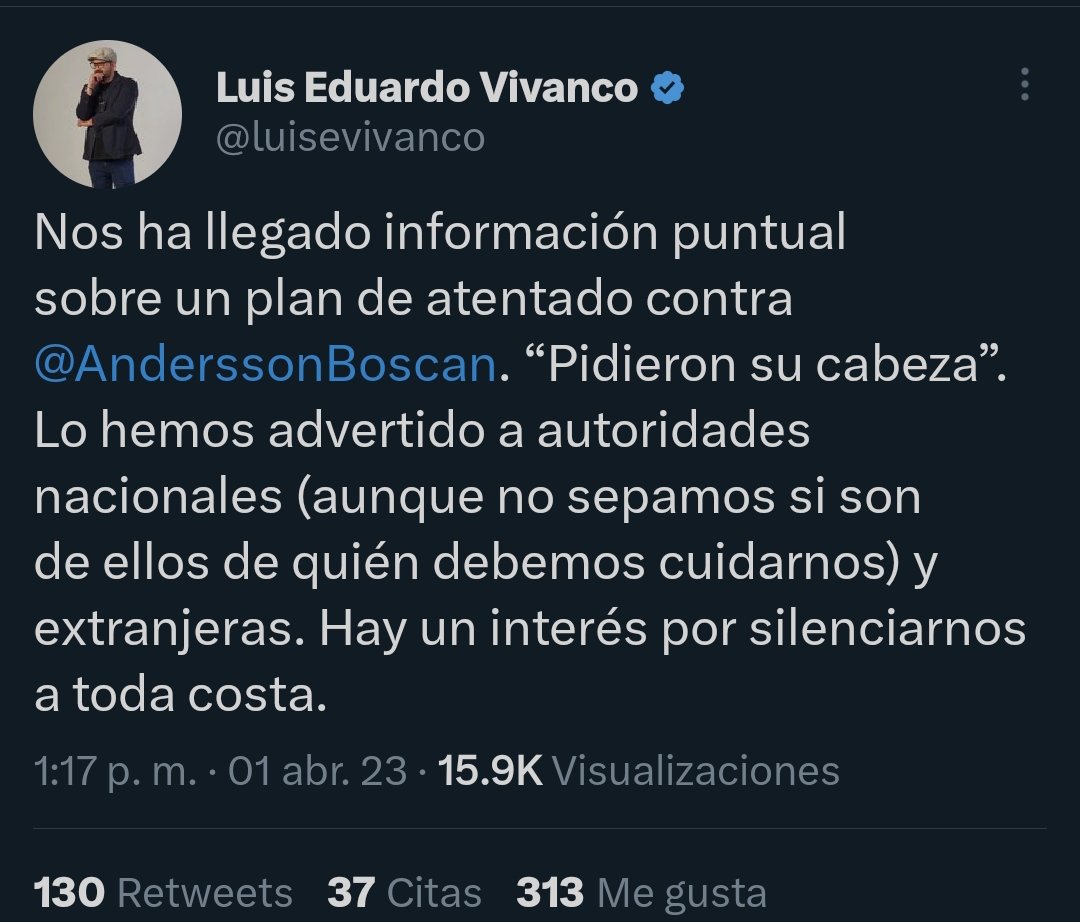 ecuainm_oficial's tweet photo. ‼️#URGENTE
@luisevivanco señala que ha llegado información puntual sobre un plan de atentado contra el periodista @AnderssonBoscan. “Pidieron su cabeza”. https://t.co/f9JXUPXzCr