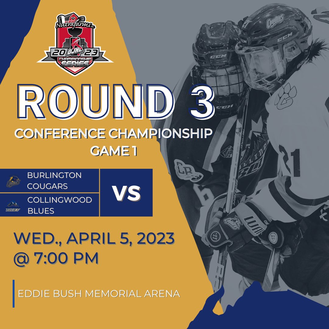 The Blues will battle the Burlington Cougars in game 1 of the conference championship this coming Wednesday at home at 7:00pm. 🔥

🎟️ Visit Ticketpro.ca to get your tickets! 

#hockeyplayoffs #round3 #conferencechampionship #ojhl #collingwoodblues #burlingtoncougars