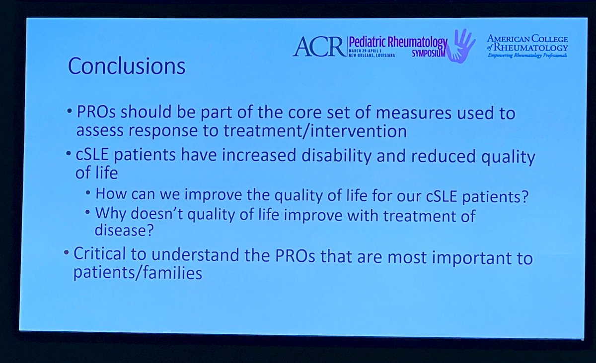 DrTinyTree's tweet photo. Dr. Aimee Hersh discusses patient reported outcomes in patient care and research at #PRSYM23:
-There are many PROs, w/ 1 specific for cSLE (SMILEY)
-There are pros/cons to each PRO
-More research is needed, e.g. establishing meaningful change
-They should be part of core measures https://t.co/AmyLIQpX2x