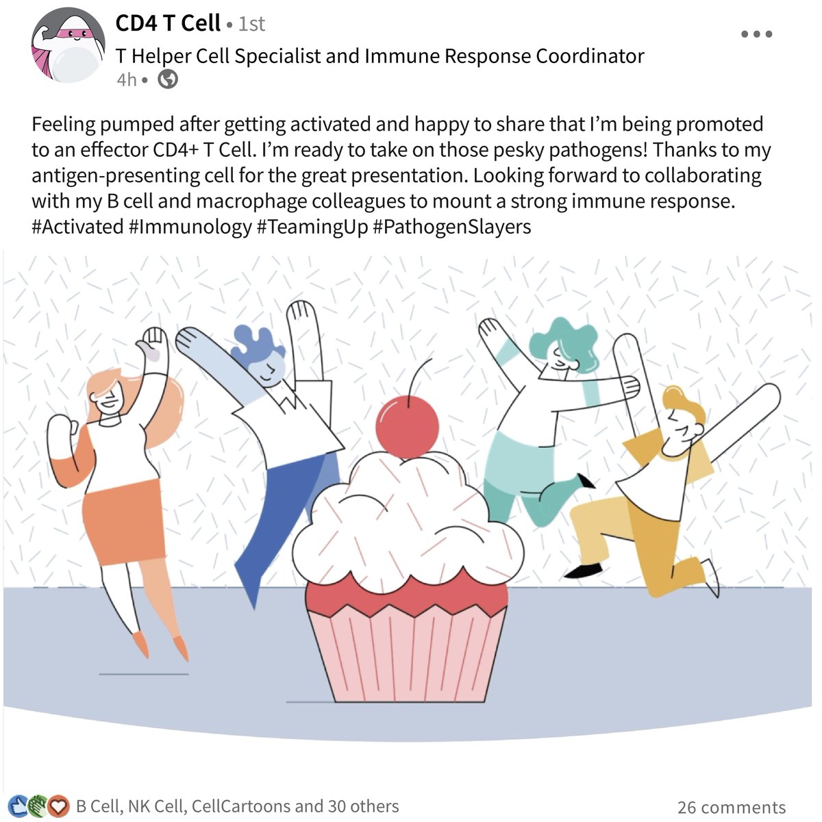 aniux_yvr's tweet photo. Happy April Fool's Day! I had fun imagining what immune cells would write if they were on LinkedIn. Go to the link for more!  https://t.co/Z1T1kMSmFT

#cellcartoons #immunology #ImmunologyHumor #AprilFoolsDay #ImmuneSystem #LinkedInParody https://t.co/majDoLVjfp