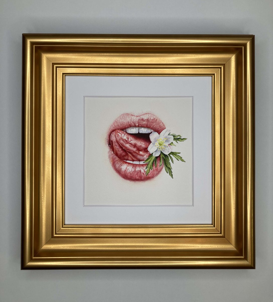 "Lick of Spring" is a vibrant and detailed watercolour painting that captures the essence of the season. In the center of the painting, a mouth is depicted holding onto a delicate wood anemone, as if savoring the taste of spring.