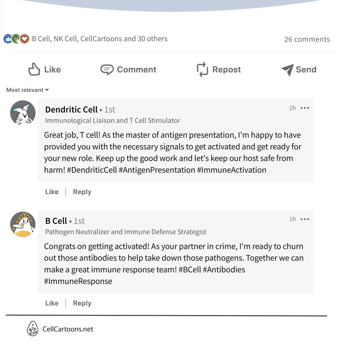 aniux_yvr's tweet photo. Happy April Fool's Day! I had fun imagining what immune cells would write if they were on LinkedIn. Go to the link for more!  https://t.co/Z1T1kMSmFT

#cellcartoons #immunology #ImmunologyHumor #AprilFoolsDay #ImmuneSystem #LinkedInParody https://t.co/majDoLVjfp