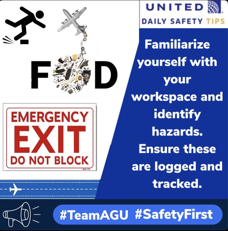 AGU_UAsafety's tweet photo. No matter where you work at United, safety is our #1 priority. Accidents can happen anywhere, but can be avoided when we are aware of safety hazards and follow SOP.
#SafetyFirst
#TeamAGU
#DailySafetyTips
#NoSmallRolesInSafety
@AOSafetyUAL @MelgozaFj https://t.co/8AbkzxQscv