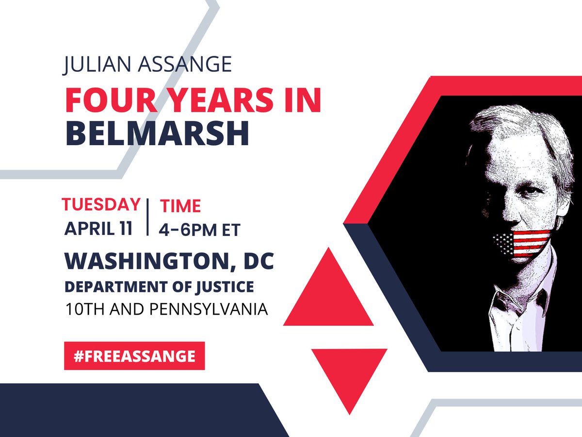 SarcasmStardust's tweet photo. Tuesday, April 11 marks the four year anniversary of the arrest of journalist and publisher Julian Assange. Meet us at the corner of 10th and Pennsylvania in DC from 4-6pm ET to demand they #DropTheCharges and #FreeAssange https://t.co/XQOzhjMee3