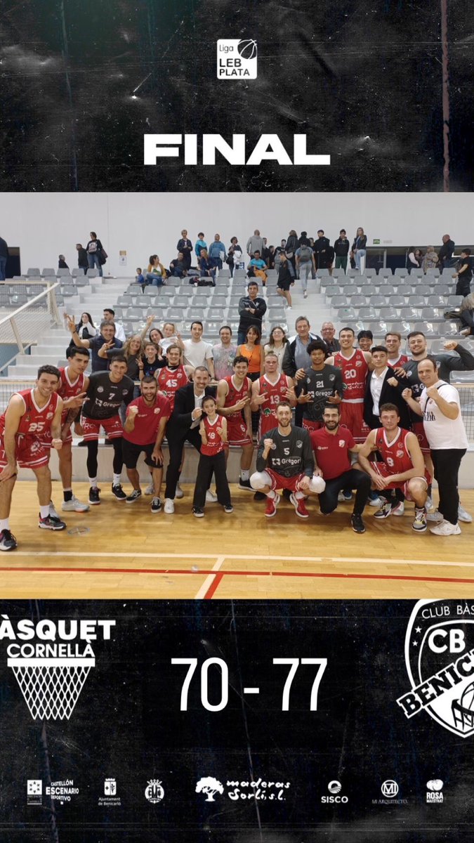 ⏰ Final del partido. <a href="/cbbenicarlo/">Maderas Sorlí Benicarló</a> 77 - 70 <a href="/BasquetCornella/">CB Cornellà</a>. 4 victoria consecutiva. Seguimos sumando y consiguiendo un nuevo record histórico de victorias en liga regular en Leb Plata de nuestro grupo. Nos ponemos terceros 💪🏾🪄.  #todoalrojo🔴