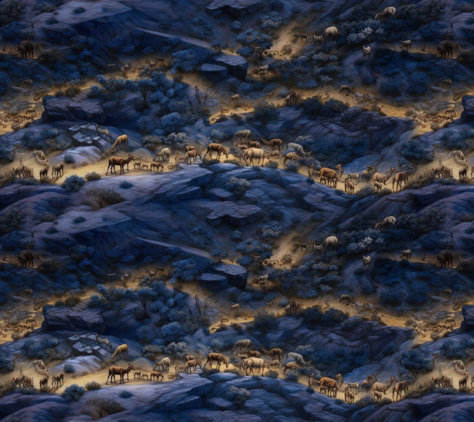 vzach's tweet photo. @icreatelife Midjourney with the prompt "lovely , mysterious, top down view, fantasy desert at night, blue hour, some camel, hyperrealism, hyperdetailed --v 5 --tile --ar 2:1", Image is created from multiple of the midjourney created tiles https://t.co/gmBIVJZkrT