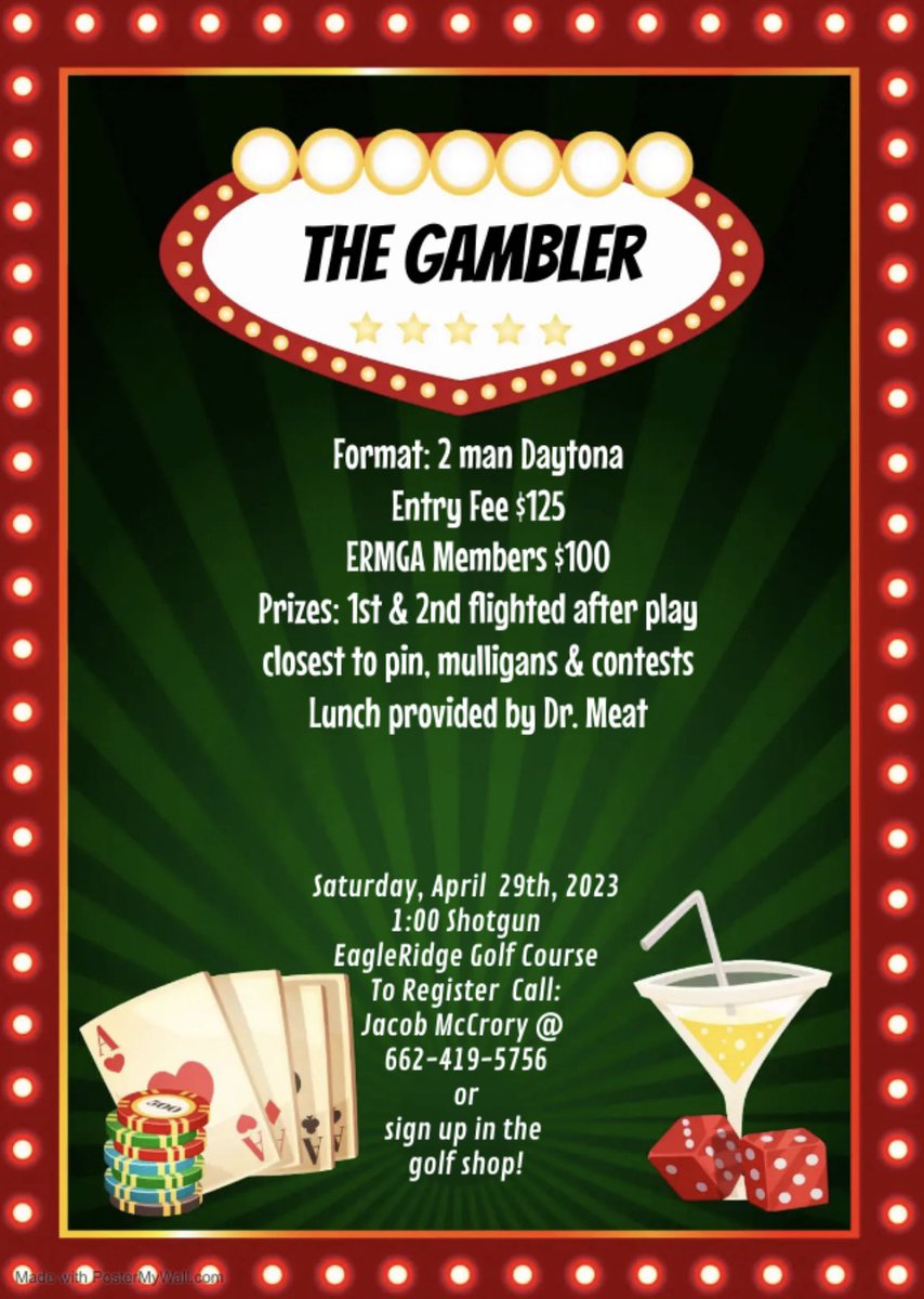 We have a tournament coming up on the 29th of this month.  Sign up in the golf shop if you want to play.