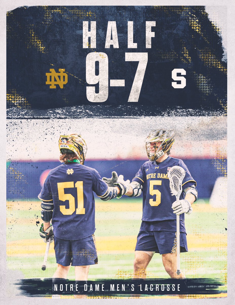 NDlacrosse's tweet photo. Irish lead 9-7 at the half. Taylor with 3 goals and Dobson and Pat Kavanagh with 2G &amp; 1A each.

#GoIrish☘️ https://t.co/UtWOmzURDz