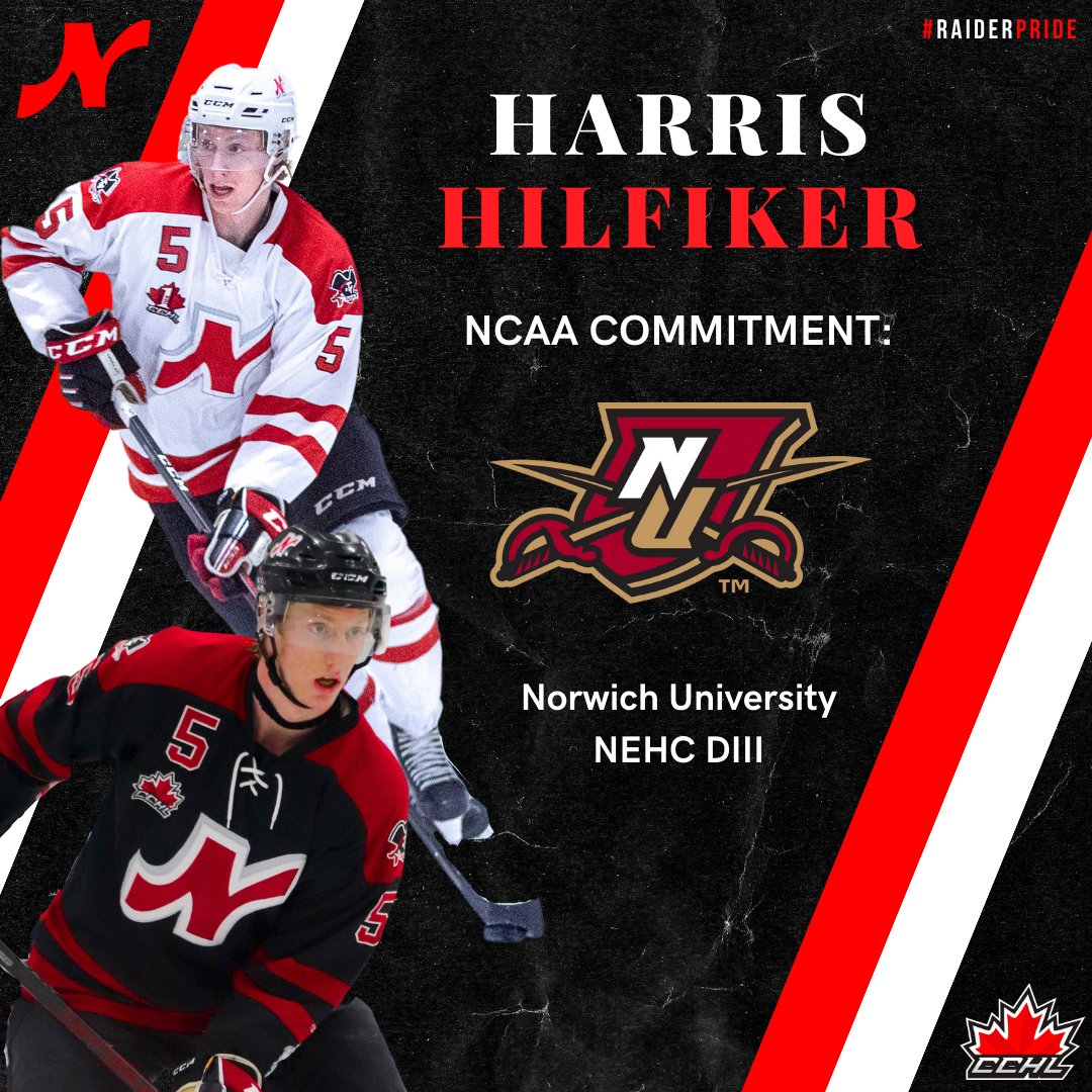 Nepeanraiders's tweet photo. Congratulations to our graduating Assistant Captain Harris Hilfiker (@harrishilf47), on his commitment to play at @NorwichCadets for the 2023/24 season. 

Norwich is getting a talented hockey player that is high-character, intelligent, and a born leader.

@TheCCHL 

#RaiderPride https://t.co/SHhhEahvUg
