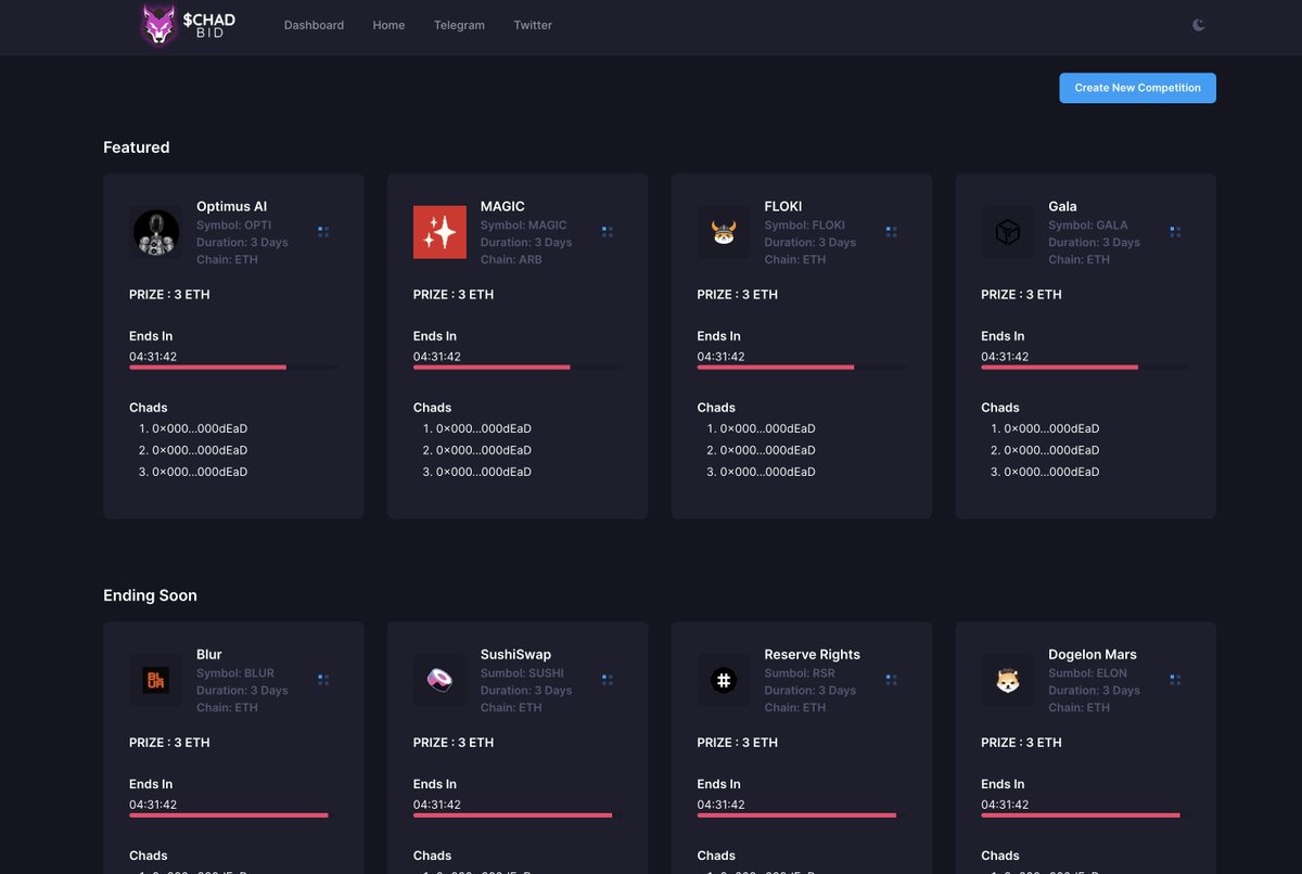chadbidcom's tweet photo. Discover the latest and most significant buy competitions from various protocols. Choose your preferred chain and find trending projects or those about to end. Compete with other Chads on Chad and win prizes! Supported chains include #ETH, #ARB, and #BSC. 
https://t.co/IRjV5U67F6 https://t.co/WdIa5pWkJr