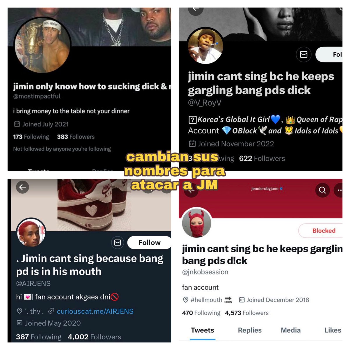 BTSReporte_'s tweet photo. 🚨Al mediodía estos antis cambiaron sus nombres por algo asqueroso para atacar a J-M sin provocación, más tarde deciden ir a atacarlo en Weverse usando su hashtag personal 'To_Jimin'. Necesitamos hacer 2 cosas. Reportar sus cuentas de Twitter y dejar comentarios positivos en WV. https://t.co/Z6k3b5rlj3