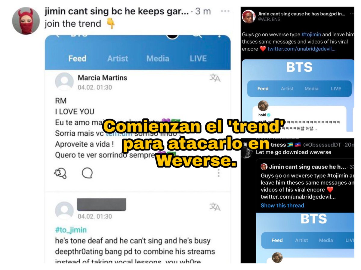 BTSReporte_'s tweet photo. 🚨Al mediodía estos antis cambiaron sus nombres por algo asqueroso para atacar a J-M sin provocación, más tarde deciden ir a atacarlo en Weverse usando su hashtag personal 'To_Jimin'. Necesitamos hacer 2 cosas. Reportar sus cuentas de Twitter y dejar comentarios positivos en WV. https://t.co/Z6k3b5rlj3