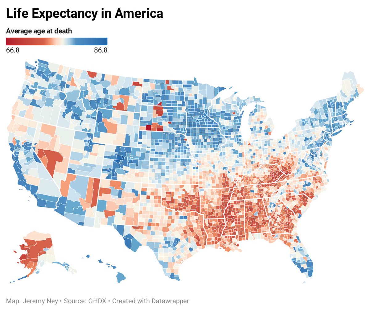 Life expectancy in the #USA.
you're looking at a 20 YEAR variance between the best and worst.