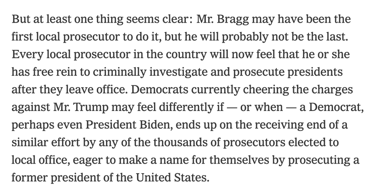 JuddLegum's tweet photo. This is absurd. 

If Biden commits a crime, he should also be prosecuted. 

And random local prosecutors will not be able to bring cases against former presidents. 

The Manhattan DA is bringing a case against Trump because he lived and work in Manhattan for decades. https://t.co/sDHZfp1sJM