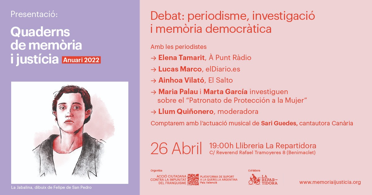 maria_palau99's tweet photo. ¿CÓMO DE FUERTE ES FORMAR PARTE DE ESTE CARTEL? 🥹

➡️ 'Periodisme, investigació i memòria democràtica' a la presentació dels 'Quaderns de memòria i justícia'

I parlarem també, com no podia ser d'altra manera, del Patronato de Protección a la Mujer 

Seguim 💪🏻💜 https://t.co/poExdCE9HP