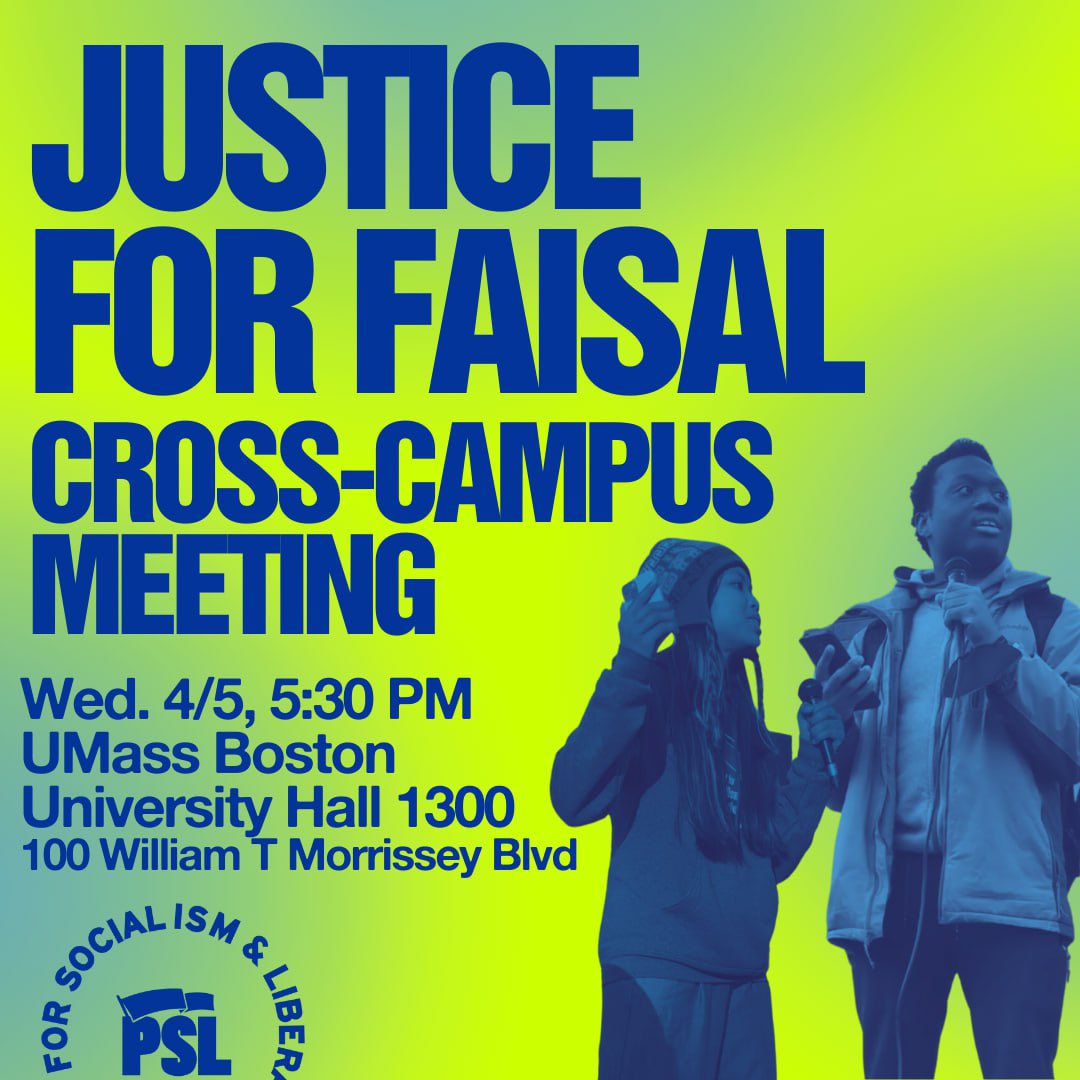 BostonPSL's tweet photo. 📣 CALLING ALL STUDENTS! 📣

The Cambridge City Manager said he was advised to wait out the Justice for Faisal movement — but we won’t let that happen! Join fellow student leaders from schools and universities across the Boston Area for a cross-campus meeting to continue (1/2) https://t.co/sf1nDqe9uC