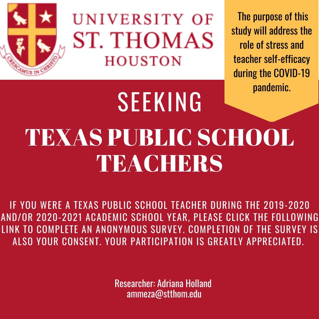 #RETWEET 
#educators, please consider completing my survey to contribute to ongoing research. 
stthomed.az1.qualtrics.com/jfe/form/SV_9L…… 
#research #education #covid #EdD #university #dissertation #academia #TEA #publicschool #texaseducation #edutwitter #Texas #houston #austin #DallasTX