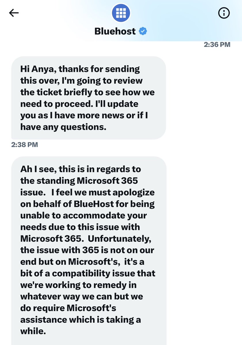 There’s still no resolution to my service issue with @bluehost. They continue to blame @Microsoft, and there's been no response from them. As a paying customer, it's unacceptable to not receive the service I paid for. This is beyond frustrating. #NoEndInSight #UnresponsiveSupport