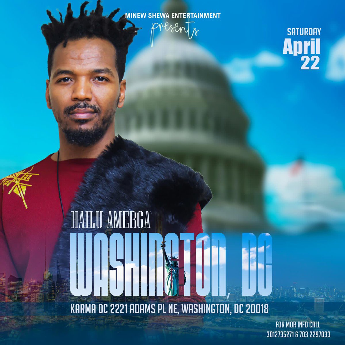 Washington DC አካባቢ የምትገኙ ወዳጅና አድናቂዎቼ  ሚያዚያ 15 (April 22 ) ከ @minewshewa ጋር በclub Karma  ሙዚቃችንን ለማቅረብ ዝግጅታችንን ጨርሰናል ! ሰላም ያገናኘን !