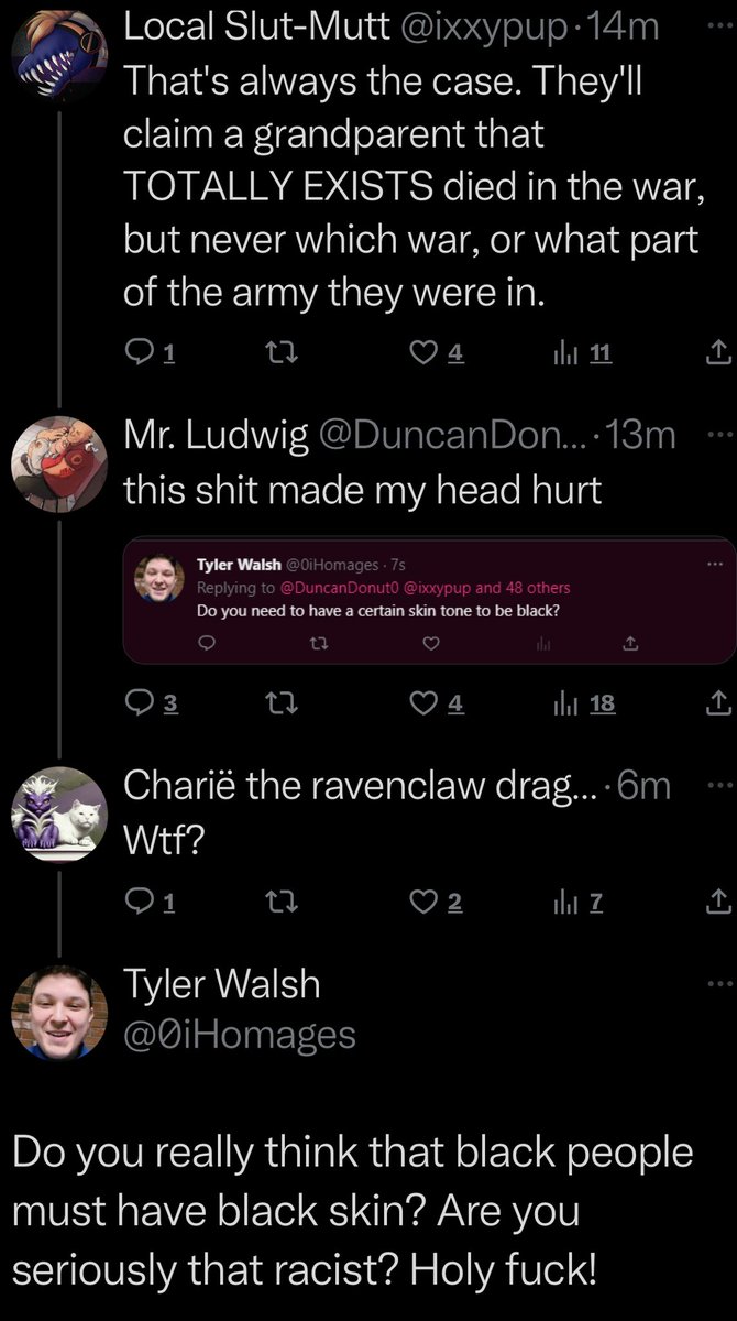 TransRacism's tweet photo. Here we see a group of queers saying a black man isn’t black enough because he won’t say which war his black grandfather died in and his skin isn’t dark enoug. Fellow blacks, if you are light skinned, you don’t count as black according to these trans queers. https://t.co/Rjtj3dx3PE