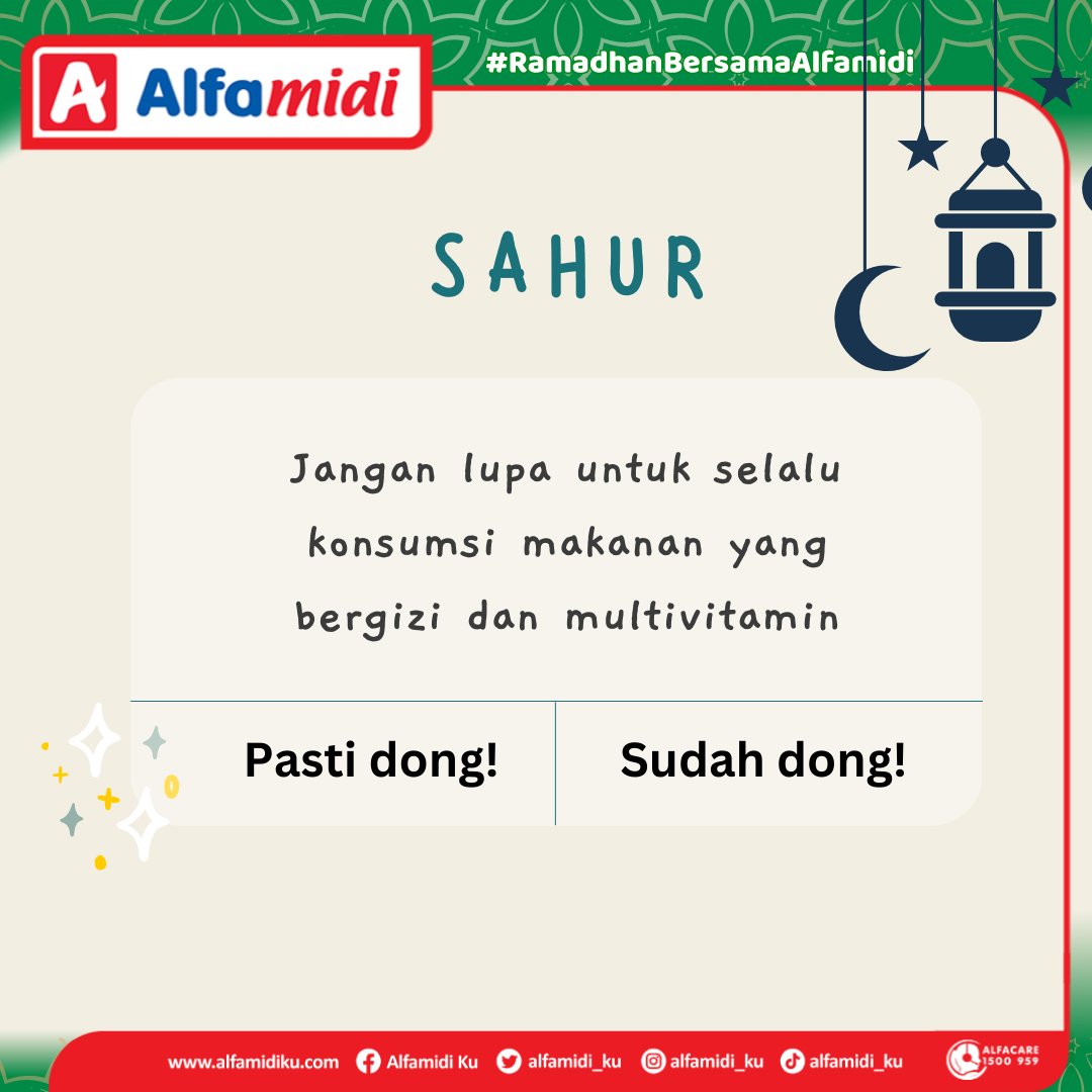 alfamidi_ku's tweet photo. Selamat sahur, Family Midi! Jangan lupa untuk selalu konsumsi makanan yang bergizi dan juga multivitamin agar fit menjalani puasa hari ini π
#AyokeAlfamidi #AlfamidiHadirMelayani #AlfamidiUntukIndonesia #PromoAlfamidi #TipsSahur #RamadhanBersamaAlfamidi https://t.co/Tf2mFudnRl