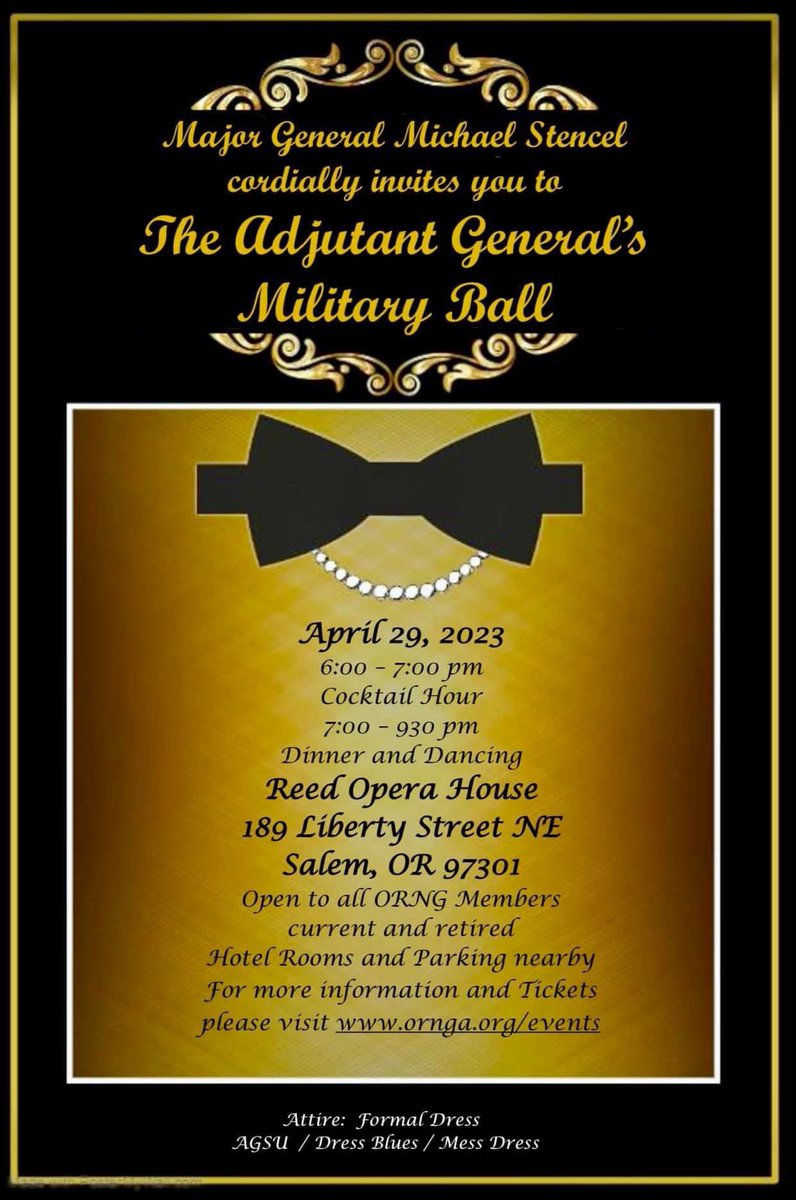paratistamus's tweet image. Looking forward to the first Oregon Military Ball since the pandemic started. It will be April 29th at the @ReedOperaHouse in Salem. Get your tickets at: ornga.org/product/2023-m…

@Official_ORNGA @OregonGuard #militaryball #ornga #oregonguard