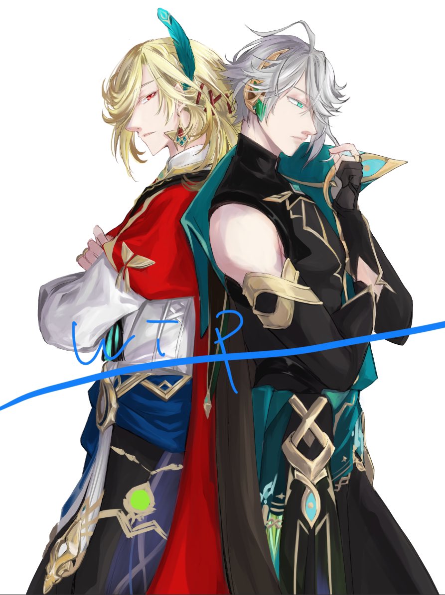 multiple boys 2boys cape blonde hair hair ornament red eyes swept bangs  illustration images