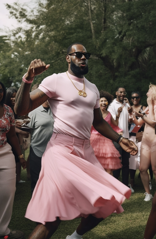 ilostmydog's tweet photo. We made a few images in AI using midjourney last week with one of the goats @KingJames 
No ill intent, more for humor and to open up the ai conversation even more. Didn't intend or expect it to get so much light. But since it is, let us just say... 
LETS GO KNICKS!
#lebronskirt https://t.co/yfLq6ZtCD4