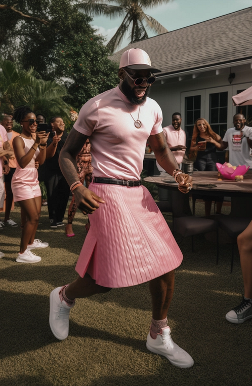ilostmydog's tweet photo. We made a few images in AI using midjourney last week with one of the goats @KingJames 
No ill intent, more for humor and to open up the ai conversation even more. Didn't intend or expect it to get so much light. But since it is, let us just say... 
LETS GO KNICKS!
#lebronskirt https://t.co/yfLq6ZtCD4