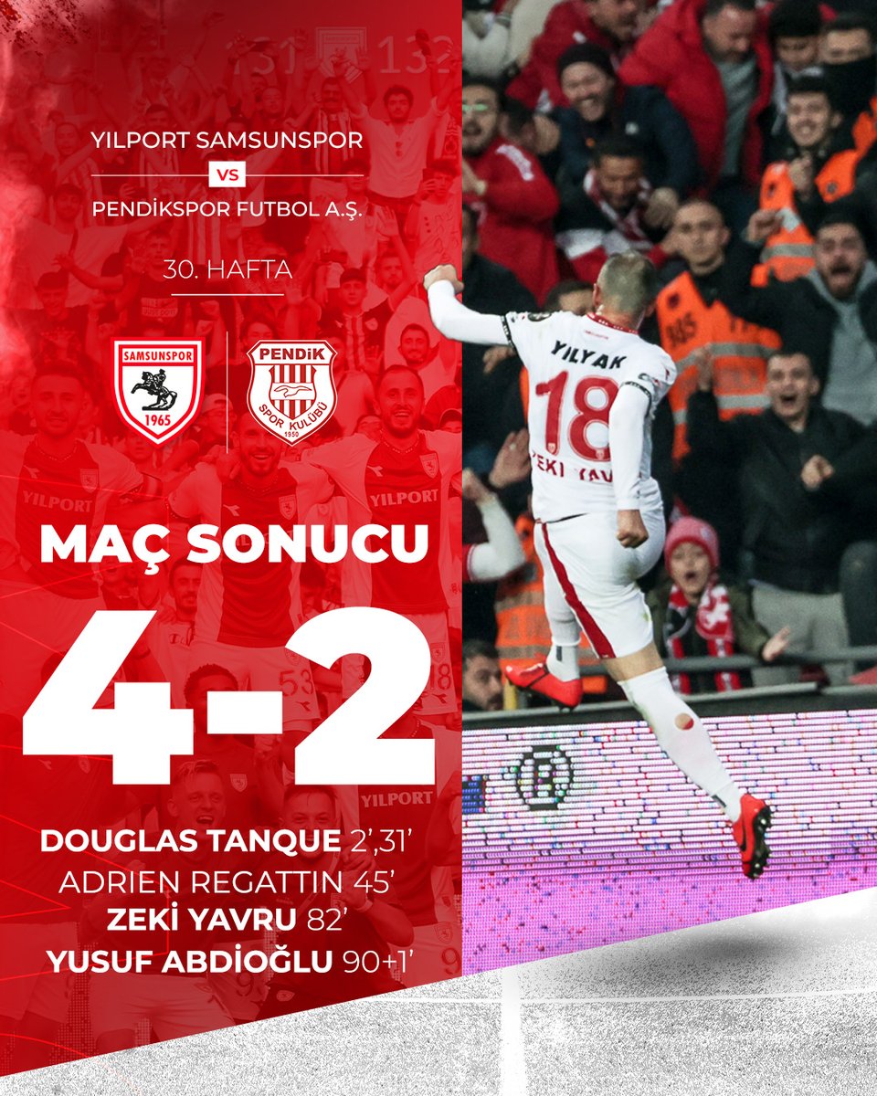 Samsunspor's tweet photo. ⏱️ 90+5' :  Maç sonucu!

Yılport Samsunspor 4 - 2 Pendikspor Futbol A.Ş.

#SAMvPEN https://t.co/mZmgCw4RBf