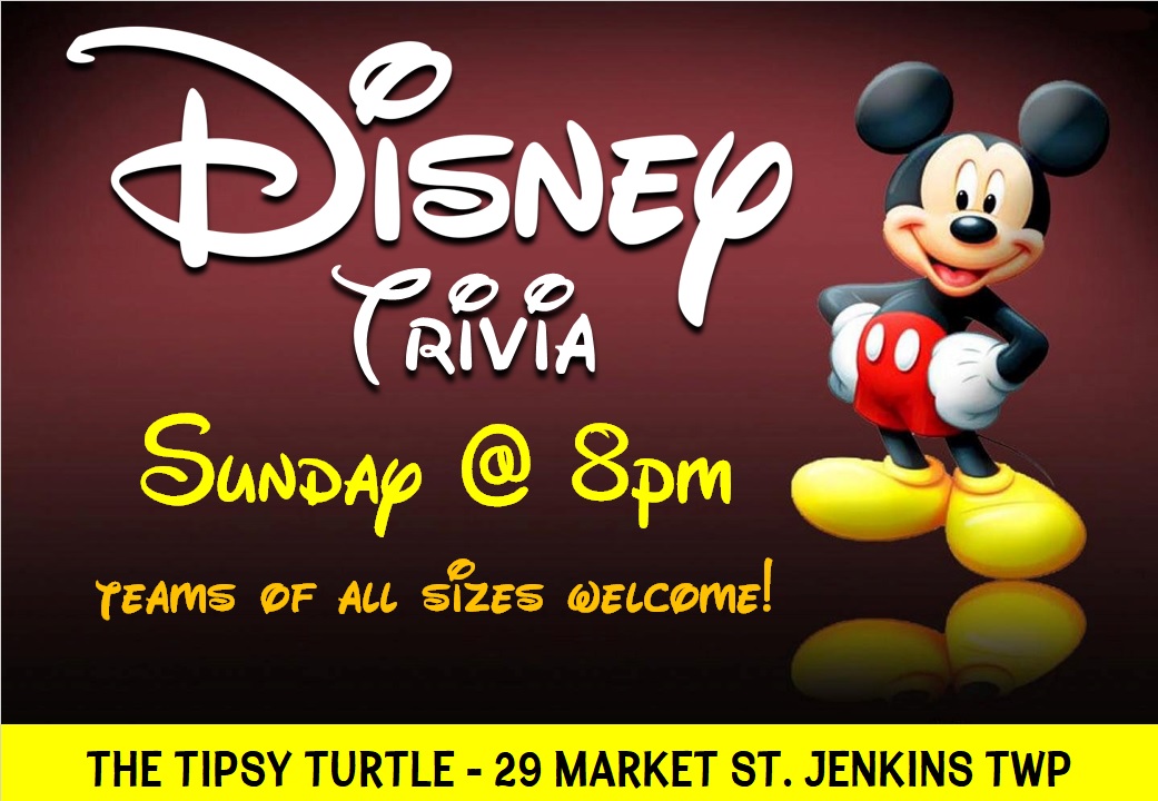 tipsyturtle_pub's tweet photo. ❔This Sunday's Trivia Theme is DISNEY!!! 😁
Starts @ 8pm - Teams of all sizes welcome ✌️
.
.
.
.
.
.
#tipsyturtle #sundayfunday #sundaytrivia #trivia #bartrivia #trivianearme #disney #disneytrivia #datenight https://t.co/8MtxKqbV5G
