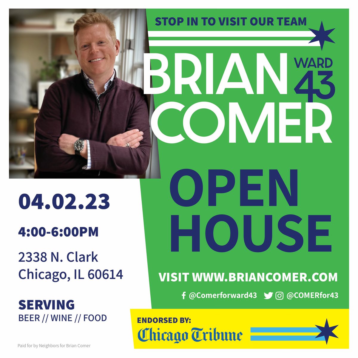 Join us tomorrow at 4pm at Comer campaign headquarters for an open house. We are at 2338 N Clark, feel free to stop in and talk about the issues that matter to you in the 43rd ward race. Election Day is Tuesday, April 4th! #ward43 #43rdward #chicago #lincolnpark #goldcoast