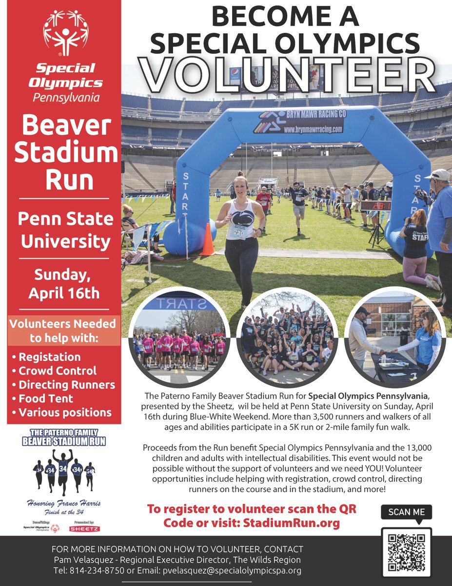 SOPennsylvania's tweet photo. We're looking for volunteers for the 2023 Beaver Stadium Run!

Do you want to have a great time in Happy Valley AND help Special Olympics athletes in your community?!

Then visit https://t.co/Ctg9MjVdhg to become a volunteer today!!

#StadiumRun | #GenerationUnified https://t.co/Ps34DKUbhJ