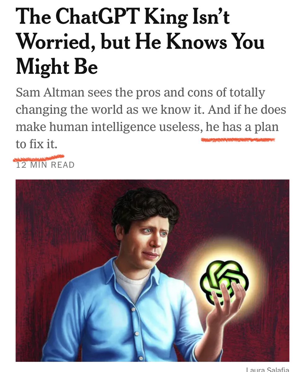 ThomasCMoran's tweet photo. Aren’t we over the techno-savior myth? Alternate subheading: “Sam Altman has a plan to make himself the most powerful person alive in 5 years - let’s do it!” https://t.co/zlG0sAInFR