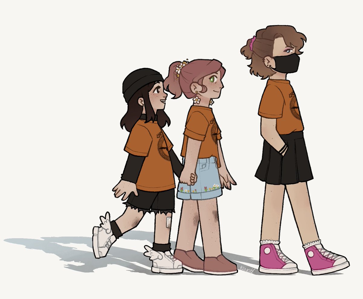 multiple girls brown hair skirt 3girls mask mouth mask shoes  illustration images