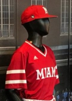 Miami University Middletown uniforms 2023-24. Classic red pinstripes on white and red jersey for 2nd look. Both jerseys will feature block MIAMI lettering instead of script.  #SWEET!