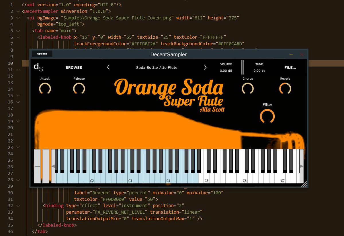 I've just finished my new library for #DecentSampler, a free instrument for a #FreeVST!  Made from samples from a soda bottle, I've gotten it to reproduce flute-like organ sounds as well as a realistic calliope.  It should be out on #pianobook in a few days!