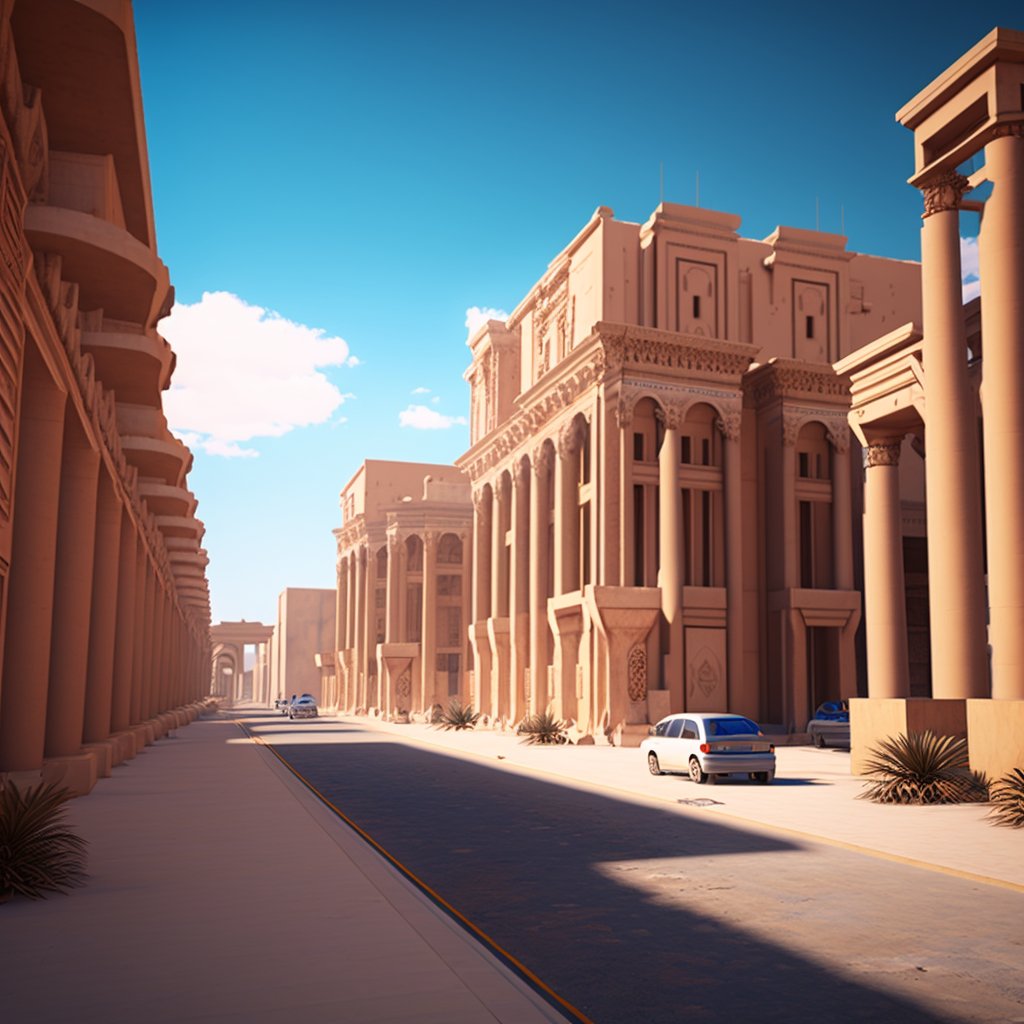 technobuild's tweet image. Step into the future of rich cultural heritage of Palmyra in 2050! AI-generated visuals and innovative architecture. Witness the city's resilience and advancements in the Palmyra streets #Resilience #Innovation #SyrianHeritage #ArtificialIntelligence #ArchitecturalInnovation