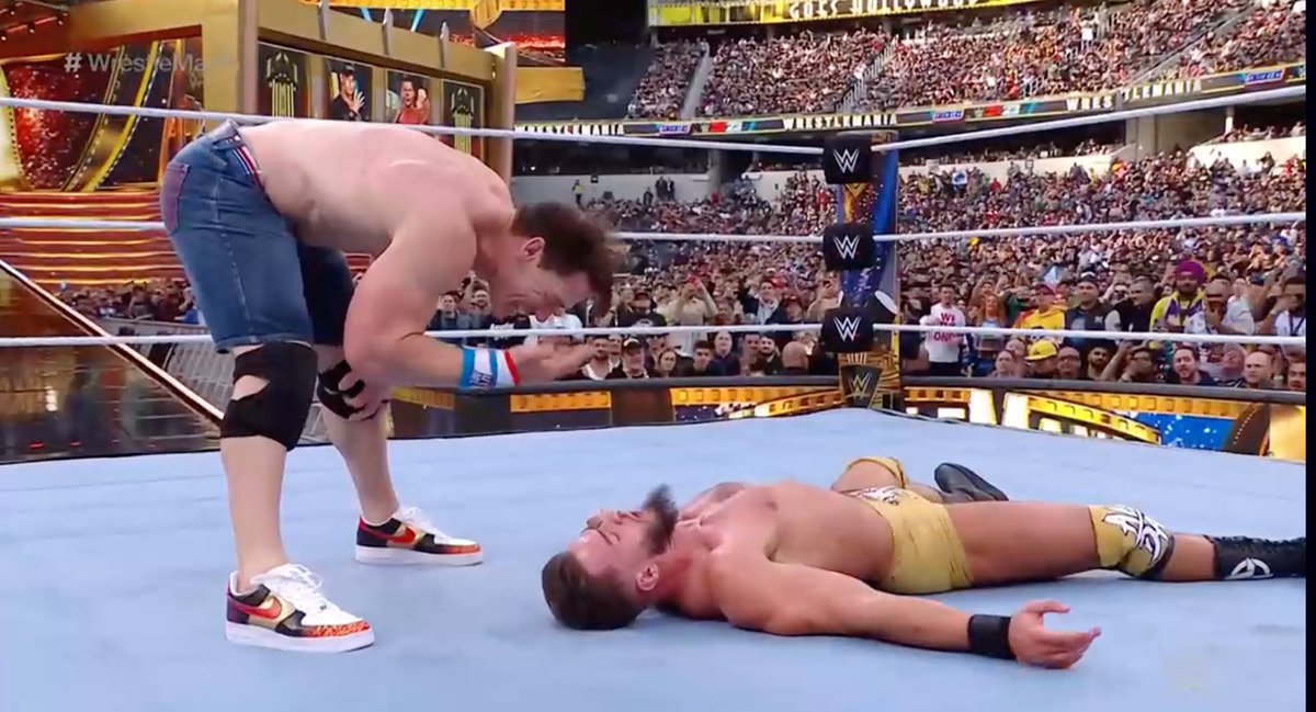 MatthewJWelty's tweet photo. John Cena wore custom AF1s for the iconic Kowloon's  in Saugus, Mass., at WrestleMania tonight. The restaurant was right across the street from the Foot Locker I worked at for two years outside of Boston. https://t.co/vBGHhRfX7v