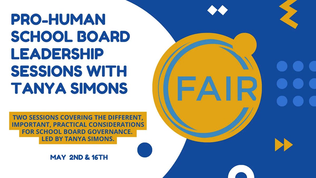 fairforall_org's tweet image. Join our #ProHuman School Board Leadership Sessions w/ Tanya Simons!

1st Session (May 2nd from 4:00p.m. - 5:00p.m. PT) - 
I won my election! Now what?

2nd Session (May 16th from 4:00p.m. - 5:00p.m. PT) - 
Policy and Governance

Learn more and register 👉 eventbrite.com/e/pro-human-sc…