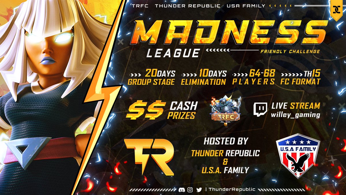 Thunder Republic! (@thunderrepublic) on Twitter photo Proud to announce our new Madness League sponsored by <a href="/ThunderRepublic/">Thunder Republic!</a> and <a href="/usafamcom/">U.S.A Family - Clash of Clans</a>!
The madness is kicking off April 9th!
#TH15 #thunderrepublic #USAFam #ClashOfClans
Discord.gg/thunderrepublic Proud to announce our new Madness League sponsored by <a href="/ThunderRepublic/">Thunder Republic!</a> and <a href="/usafamcom/">U.S.A Family - Clash of Clans</a>!
The madness is kicking off April 9th!
#TH15 #thunderrepublic #USAFam #ClashOfClans
Discord.gg/thunderrepublic