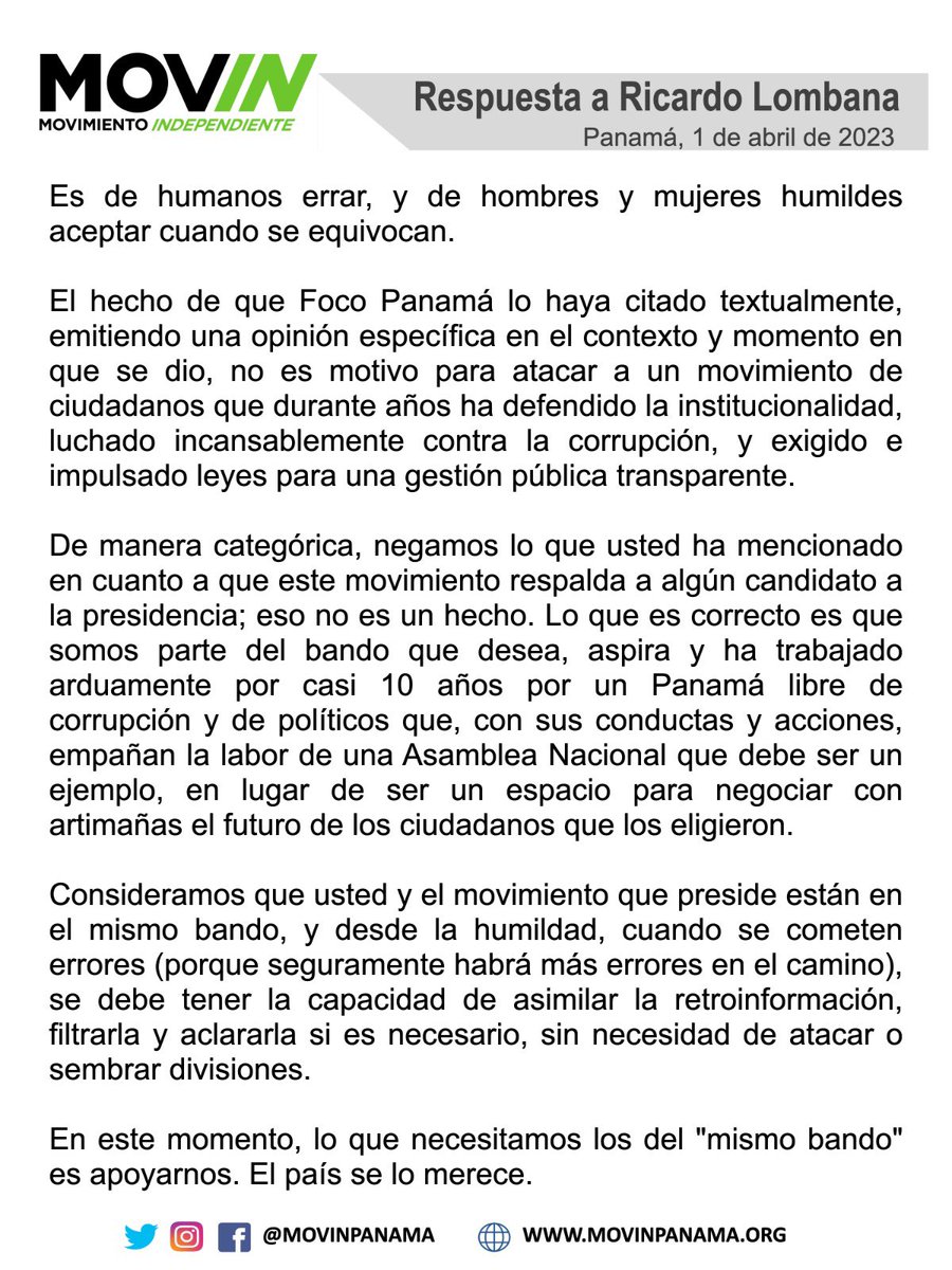 movinpanama's tweet image. Respuesta a @RicardoLombanaG
Es de humanos errar, y de hombres y mujeres humildes aceptar cuando se equivocan.