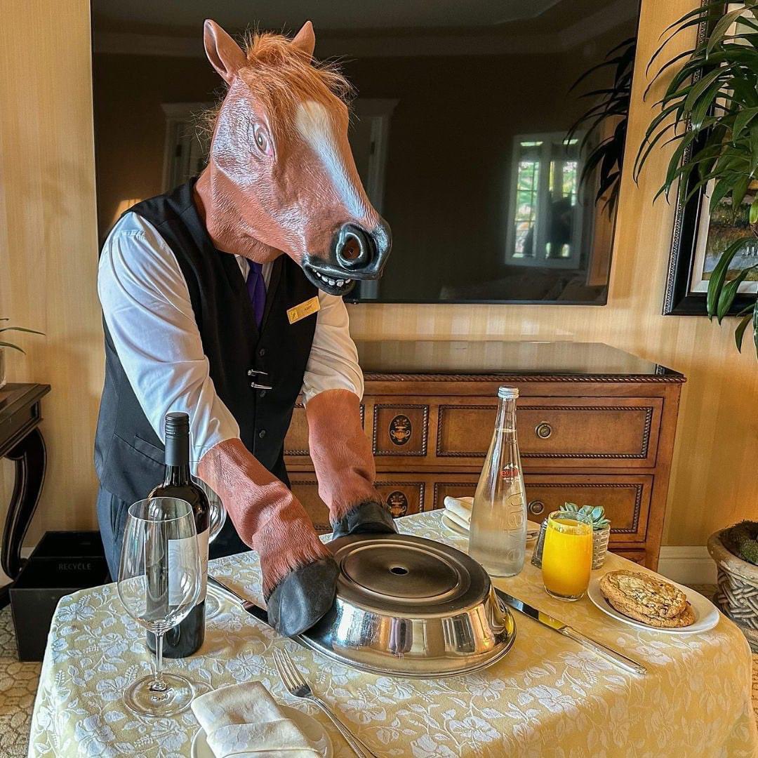 Introducing: Equine Hospitality - experience elegance like never before with our award-winning room services provided to you by our highly trained on-site horses. Equipped with freshly polished hooves and brushed to perfection, our horse concierge is at your service. 🐴