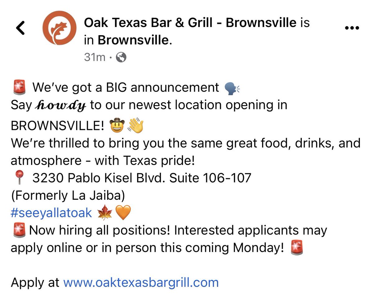 🌴BROWNSVILLE, TAP IN! 
Please follow our newest FB page
facebook.com/profile.php?id…
&amp; share with your industry friends! 
Apply online oaktexasbargrill.com
Or come in on Monday 10am-2pm!