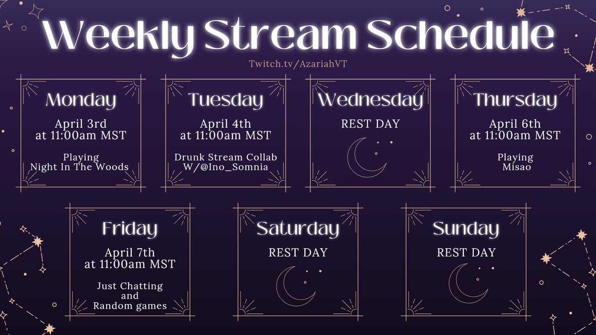 AzariahVt's tweet photo. ☽°•WEEKLY SCHEDULE•°☾
YALL WANT A SCHEDULE? COOL CUZ HERE IT IS.
《°•HASHTAGS•°》
°•ART•° 🎨 #Azacrylic
°•LIVE•° 🔮 #AzariahLive
°•CLIPS•° 💀 #AzariahClips
°•NSFW•° 🔞 #Assaria
°•GENERAL•° ⛓️#AzariahVT
Let's have an AMAZING week 💜
⬇️Credit and Link Below⬇️ https://t.co/WAz9u5ksOZ