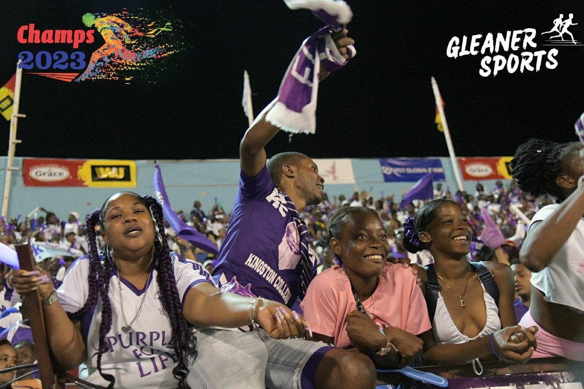 The Kingston College supporters are jubilant as the purple and white-clad team holds a comfortable lead in the boy's championship with a 79-point lead after 39 events. 

- <a href="/taylor2nd/">Taylor</a> photos 

#GLNRSports 
#Champs2023
