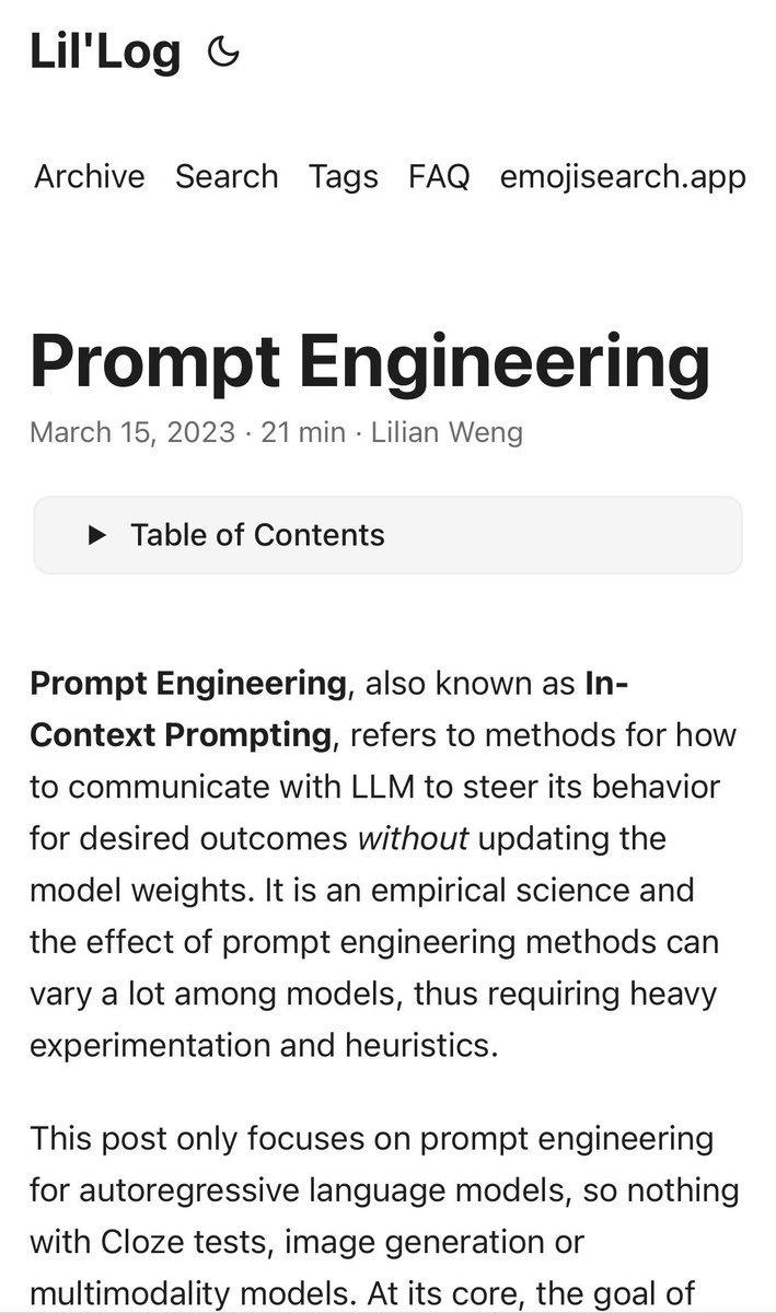 dylayed's tweet image. Prompt Engineering의 깊이 있는 공부의 시작점으로 OpenAI의 연구 리드인 @lilianweng의 블로그 글보다 좋은 글은 없다 생각한다.

지난 몇년간의 연구 성과 요약도 너무 좋고, 관련 논문까지 꼼꼼히 정리되어있다.