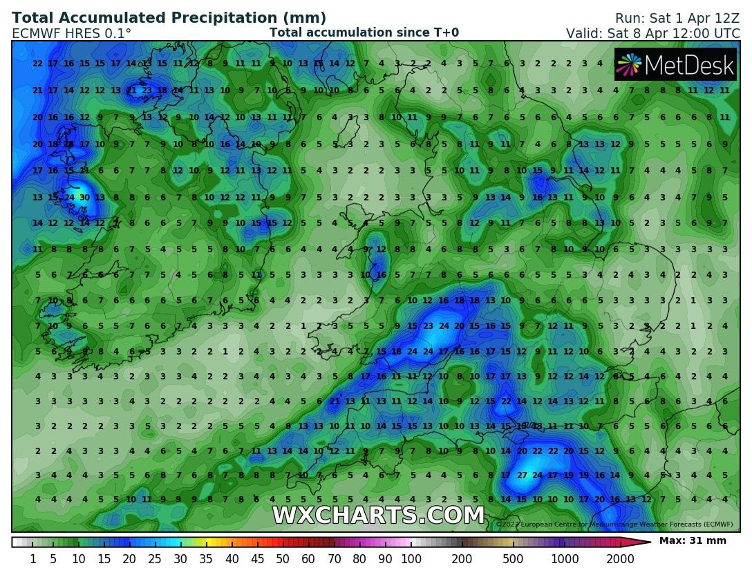 CarlowWeather's tweet photo. Total rainfall forecast for next 7 days shows much less rainfall. Main risk of rain is Tuesday night and Wednesday. A little uncertainty for the bank holiday yet with rain trying to push in for Bank Holiday Monday. https://t.co/lUkFVgbIMo